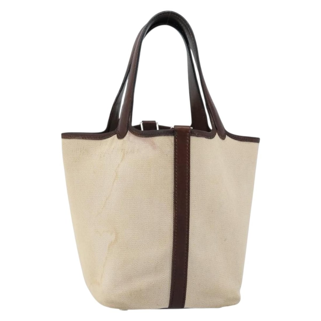 Hermes Picotin PM Toile Canvas and Leather Shoulder Bag in Beige and Brown: Hermes Picotin PM Toile Canvas and Leather Shoulder Bag in Beige and Brown This HERMES Picotin PM shoulder bag features a beige and brown canvas body accented with leather trim and silver-tone hardwar