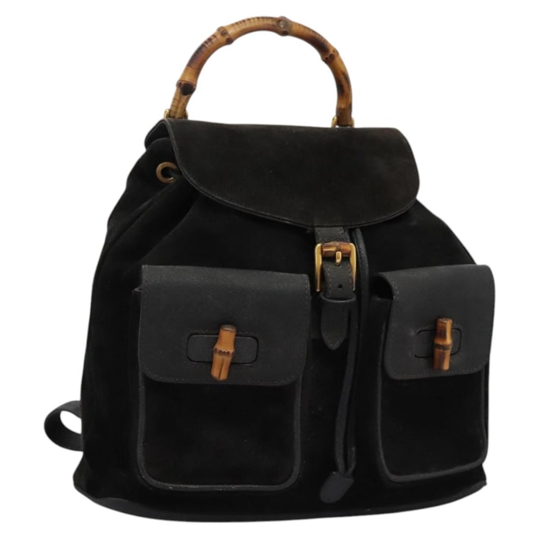 Gucci 003 2058 0016 Suede Bamboo Backpack Black Gold: Gucci 003 2058 0016 Suede Bamboo Backpack Black Gold Gucci bamboo backpack in black suede with gold-tone accents. This women's backpack is made in Italy and shows heavy use, including shape loss, rubb