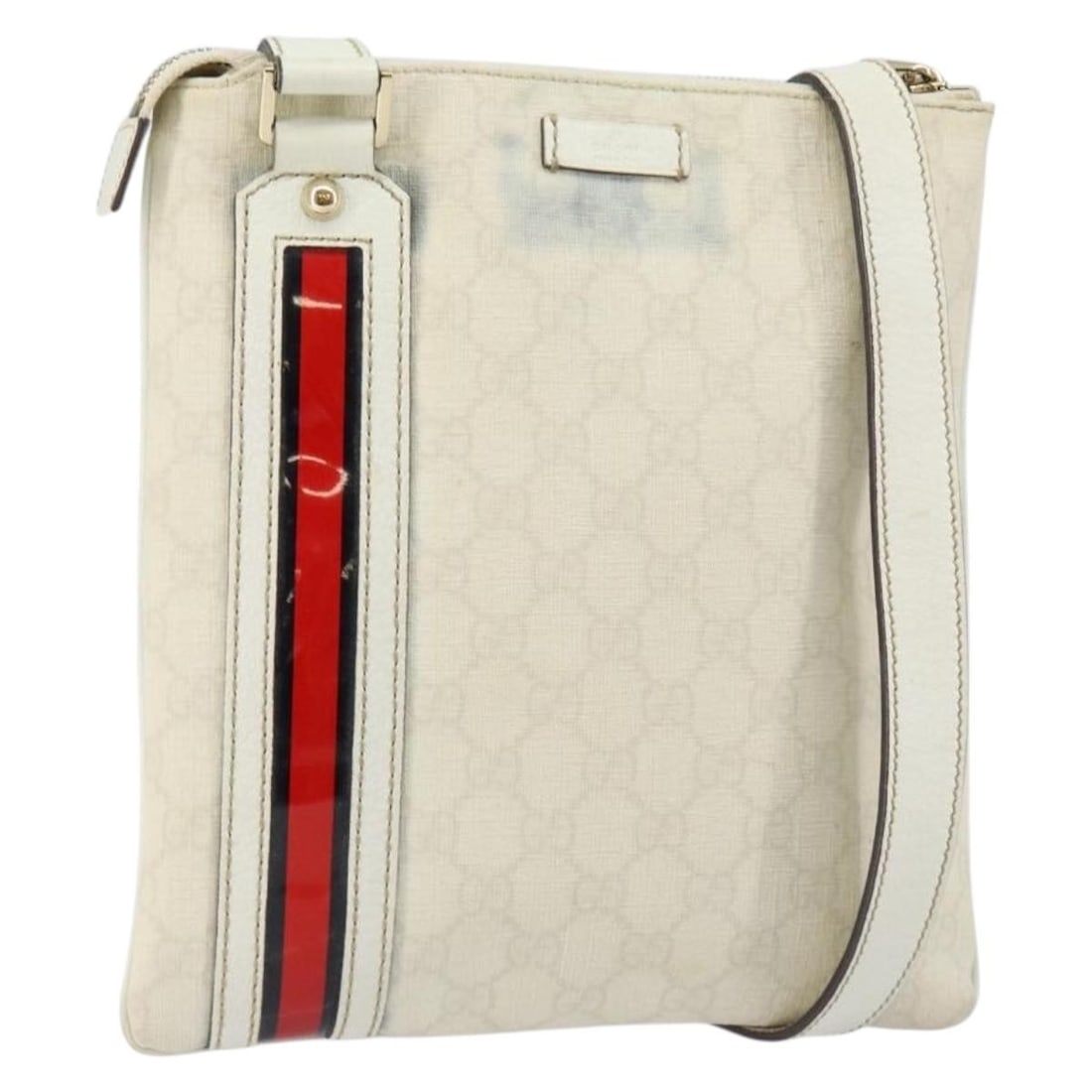GUCCI GG Canvas Shoulder Bag PVC White Red Navy 153244 Authentic: GUCCI GG Canvas Shoulder Bag PVC White Red Navy 153244 Authentic This GUCCI GG Canvas Sherry Line Shoulder Bag is a stylish accessory crafted from durable PVC leather, featuring a striking combination