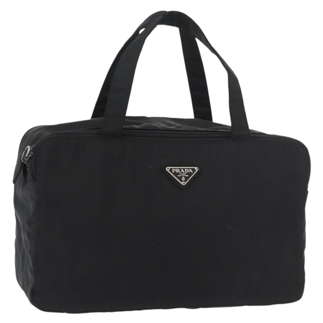 Prada Nylon Black Silver Handbag Italy Women: Prada Nylon Black Silver Handbag Italy Women This PRADA handbag is crafted from black nylon with silver-tone accents. Designed for women, it features a compact silhouette with a top handle. The bag sh