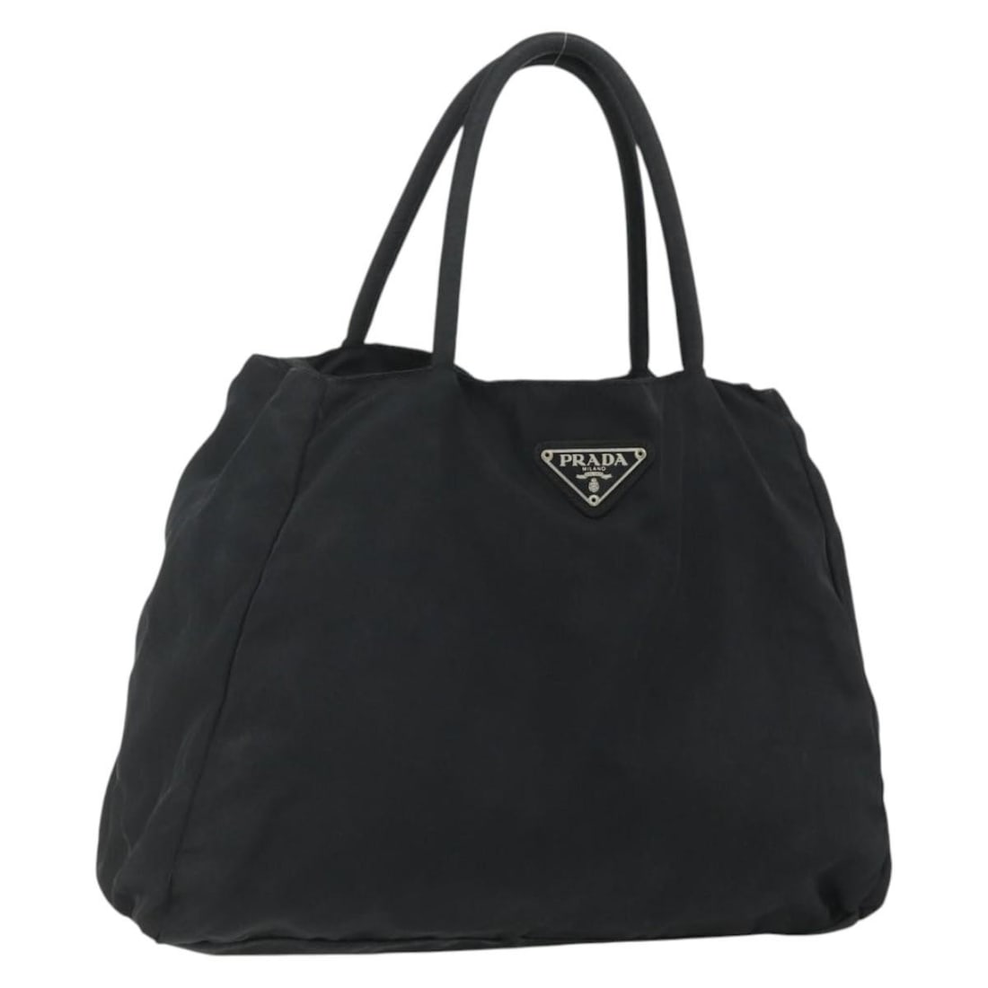 Prada Nylon Black Silver Handbag Italy 12.6 x 10.2 x 4.3 inch: Prada Nylon Black Silver Handbag Italy 12.6 x 10.2 x 4.3 inch This Prada handbag is crafted from black nylon with silver-tone details. Designed for women, it features a spacious interior and practical