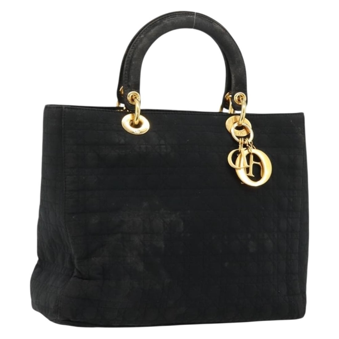 Christian Dior Lady Dior Nylon Handbag Black Gold Charm: Christian Dior Lady Dior Nylon Handbag Black Gold Charm Christian Dior Lady Dior handbag in black nylon with gold-tone accents, made in Italy. Includes a charm. This heavily used bag shows visible wea