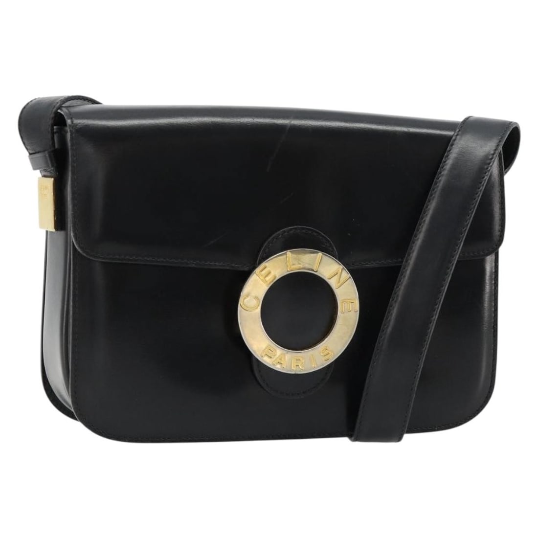 CELINE Leather Circle Shoulder Bag Black Gold Tone: CELINE Leather Circle Shoulder Bag Black Gold Tone Celine circle shoulder bag in black leather with gold-tone accents. Made in Italy, this women's shoulder bag includes only the item shown; box and du