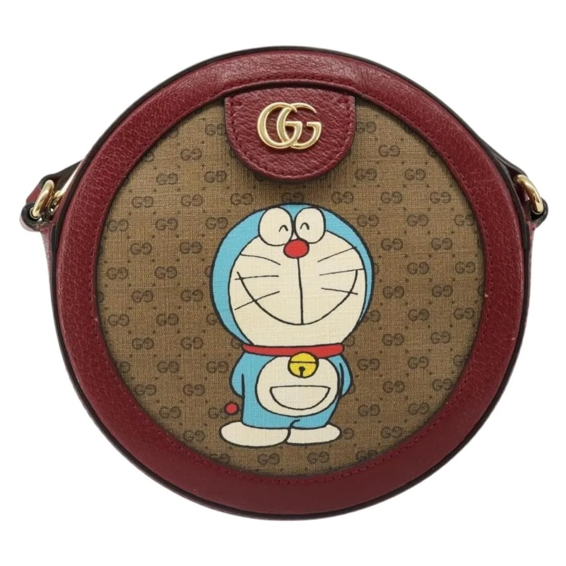 Gucci Doraemon Round Mini Crossbody in Beige GG Canvas: Gucci Doraemon Round Mini Crossbody in Beige GG Canvas Gucci Doraemon Round mini bag in beige coated canvas with the Mini GG print. Made in Italy, this piece shows overall good condition with light we