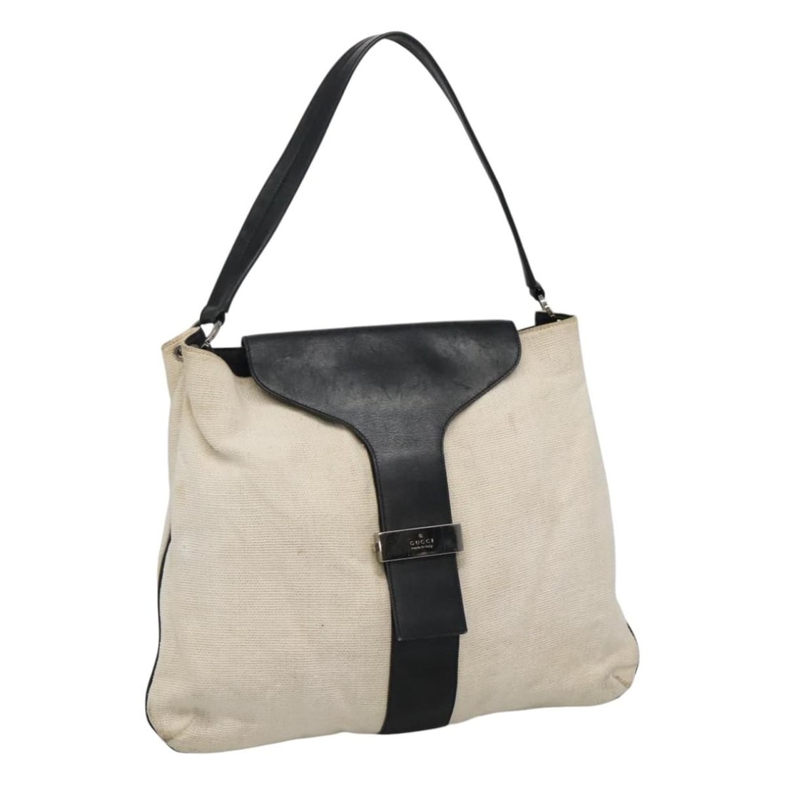 Gucci Womens Canvas Leather Shoulder Bag White Black Italy: Gucci Womens Canvas Leather Shoulder Bag White Black Italy Authentic Gucci shoulder bag in white and black canvas with leather trim. Made in Italy, this women's bag has a slim profile and a heavily us