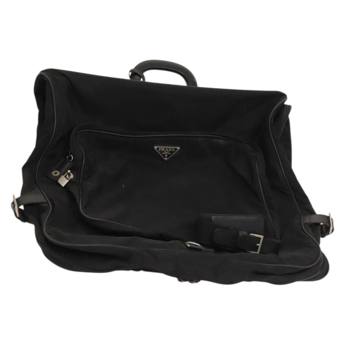 Black Nylon Garment Cover PRADA with Padlock Keys and Hangers: Black Nylon Garment Cover PRADA with Padlock Keys and Hangers Authentic Prada garment cover in black nylon, made in Italy. This women's garment cover includes a padlock, two keys, a clochette, and thr