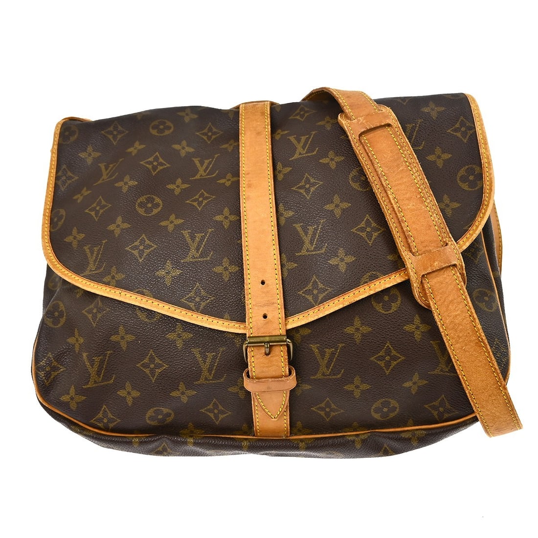 Louis Vuitton Saumur 35 Monogram Crossbody Shoulder Bag M42254: Louis Vuitton Saumur 35 Monogram Crossbody Shoulder Bag M42254 Vintage Louis Vuitton Saumur 35 shoulder bag in brown Monogram canvas with leather trim and a crossbody strap. This unisex bag features a