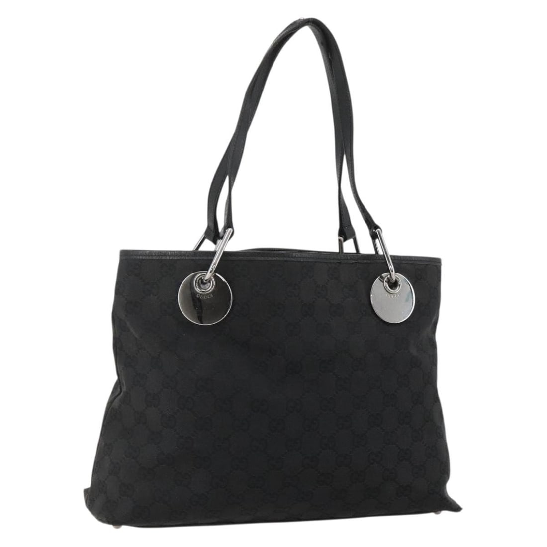 Gucci 120837 GG Canvas Tote in Black with Silver Tone: Gucci 120837 GG Canvas Tote in Black with Silver Tone Gucci tote bag in black and silver GG canvas, made in Italy. This women's bag has a heavily used condition with visible wear throughout, including