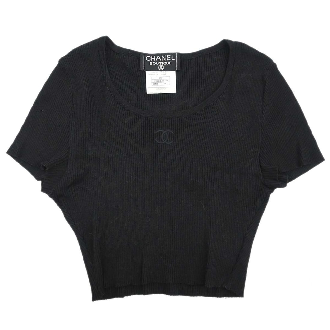 CHANEL Black Cotton Cropped Short Sleeve T Shirt FR 36: CHANEL Black Cotton Cropped Short Sleeve T Shirt FR 36 Black cropped T-shirt by Chanel with a round neckline and short sleeves. Made in France from 100% cotton, this women's top features a regular fit