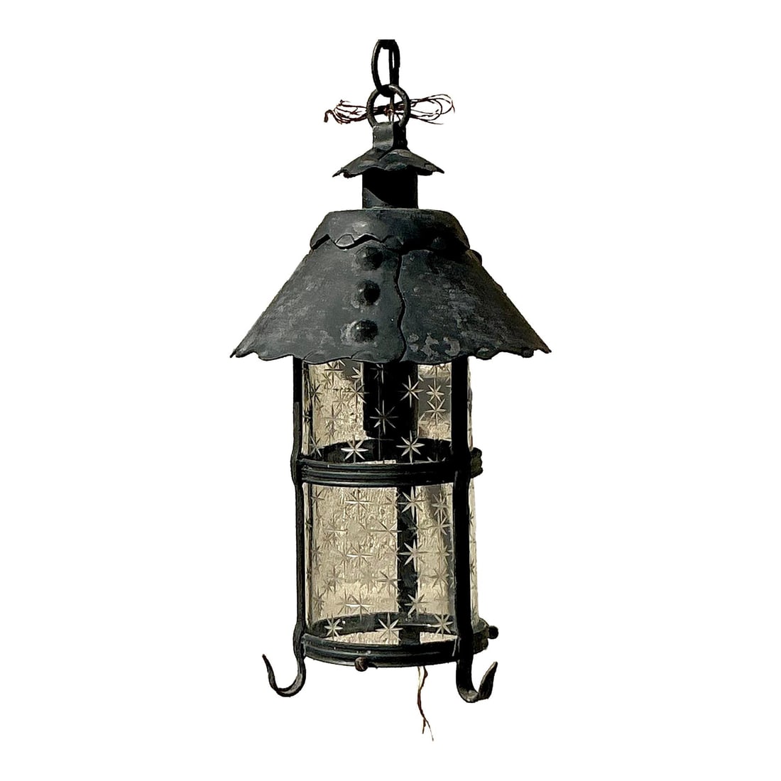 Vintage Boho Wrought Iron Lantern with Scalloped Shade: Vintage Boho Wrought Iron Lantern with Scalloped Shade Add a touch of old-world charm to your home with this exquisite vintage wrought iron lantern. This stunning piece features a beautifully scallope