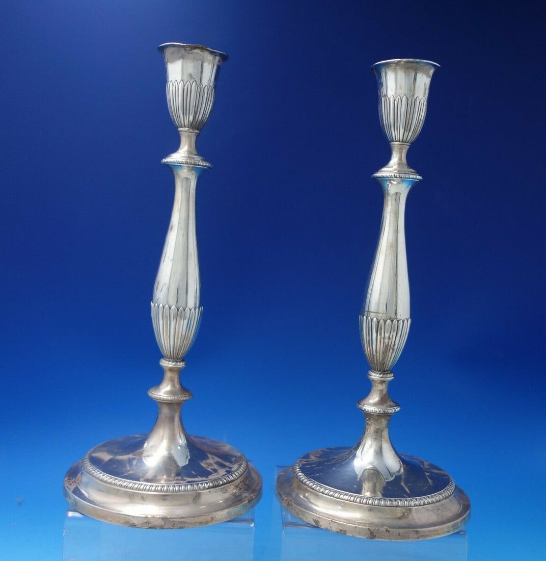Vintage Gadroon Sterling Silver Candlestick Pair 12" Tall: Vintage Gadroon Sterling Silver Candlestick Pair 12" Tall This stunning pair of vintage gadroon candlesticks is crafted from quality sterling silver, standing at an impressive height of 12 inches. Eac