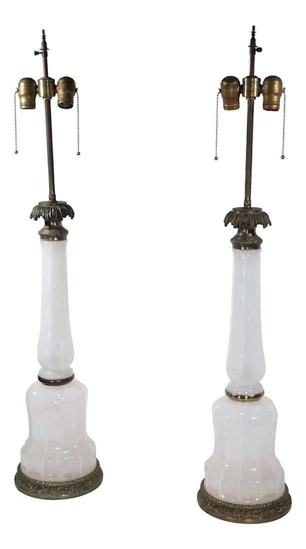 Vintage Stiffel Pair Opaline Glass Table Lamps French Style: Vintage Stiffel Pair Opaline Glass Table Lamps French Style This exquisite pair of vintage table lamps showcases a sophisticated design with tall, faceted opaline glass elements complemented by decora