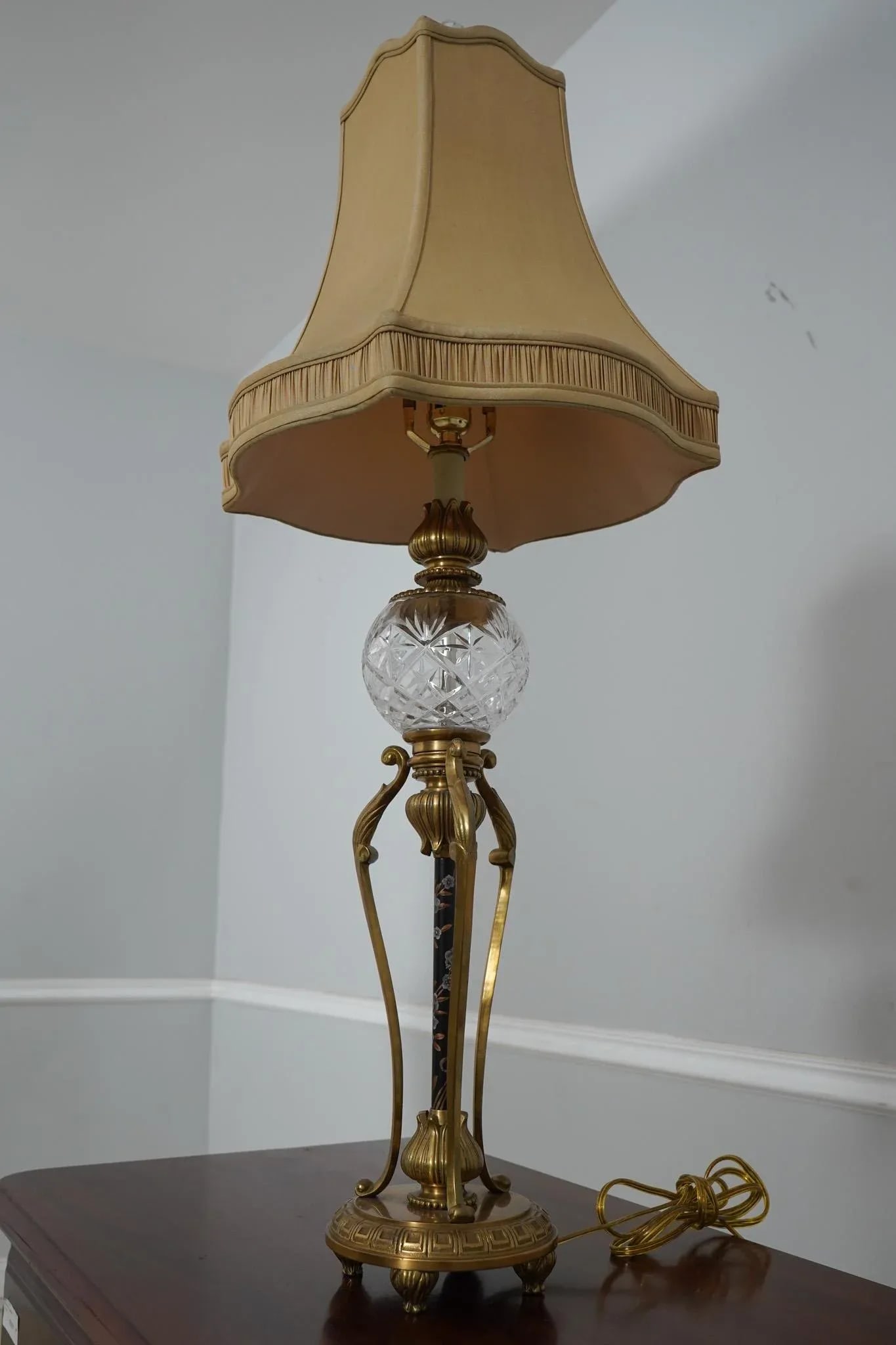 Elegant Pair of Regency Brass and Crystal Table Lamps 38 Inches Tall - 3