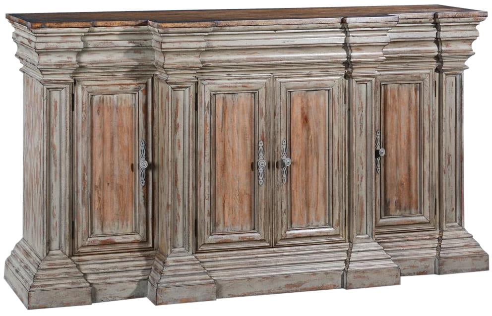 French Style Cathedral Sideboard 4-Door Reclaimed Wood Distressed Finish: French Style Cathedral Sideboard 4-Door Reclaimed Wood Distressed Finish This stunning Cathedral 4-Door Sideboard is crafted from reclaimed wood, showcasing a beautiful blend of antique and vintage st