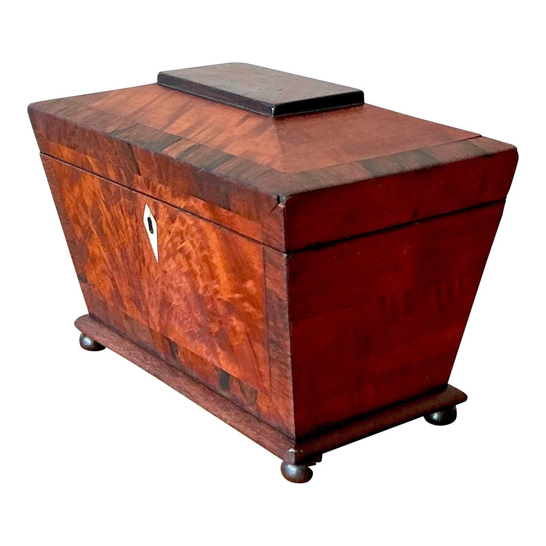 19th Century Burl Wood Sarcophagus Box with Mother-of-Pearl Inlay: 19th Century Burl Wood Sarcophagus Box with Mother-of-Pearl Inlay This antique burl wood box showcases exceptional 19th-century craftsmanship with its flame burl veneer, classic sarcophagus form, and 