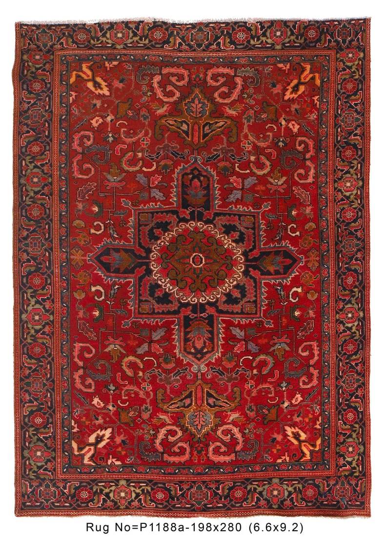 6.6 x 9.2 Traditional Persian Heriz Rug: 6.6 x 9.2 Traditional Persian Heriz Rug Free continental US Shipping Discover the beauty of this traditional Persian Heriz rug, measuring 6.6 x 9.2 feet. This exquisite rug showcases intricate designs