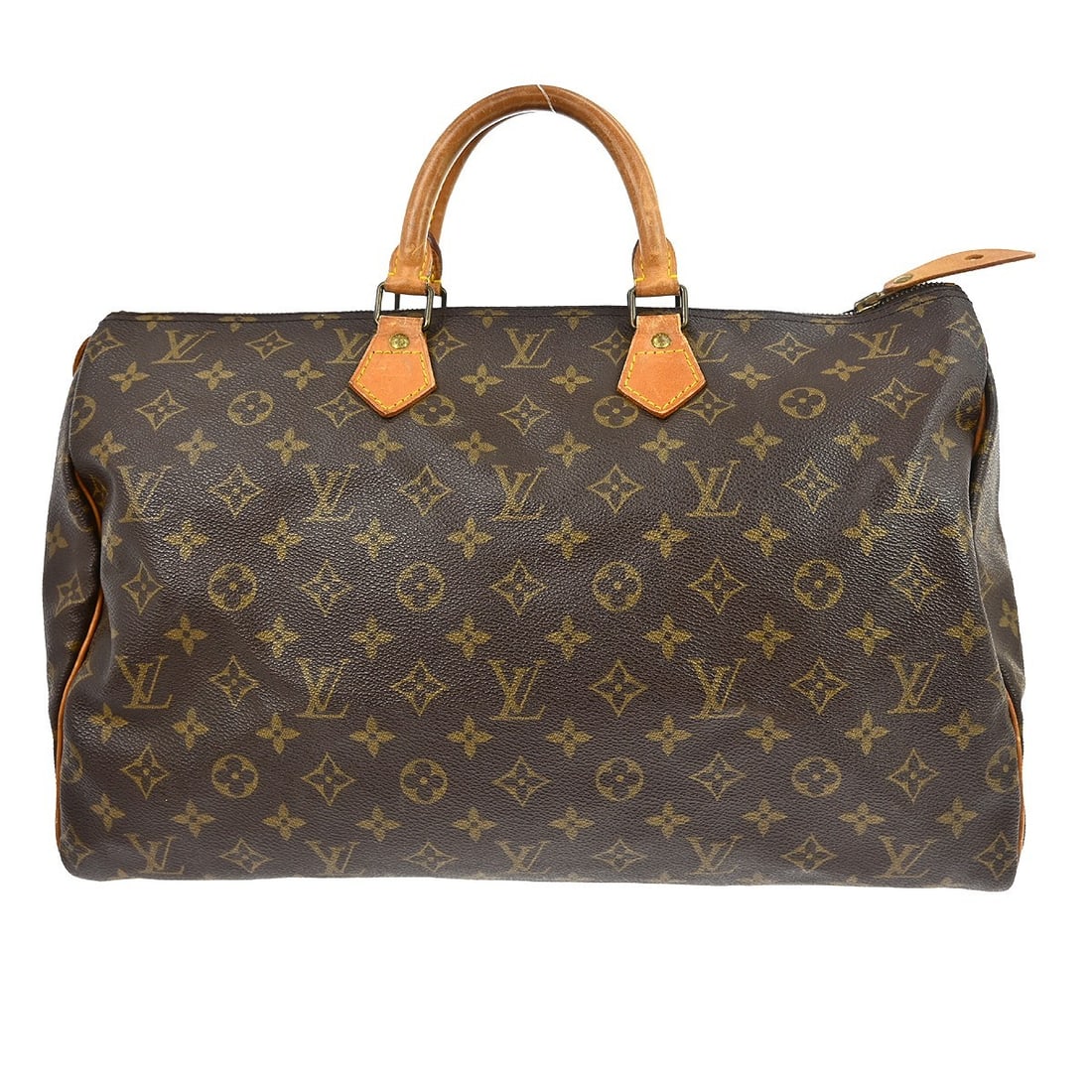 Louis Vuitton Speedy 40 Monogram Canvas Large Duffle Bag M41522: Louis Vuitton Speedy 40 Monogram Canvas Large Duffle Bag M41522 Vintage Louis Vuitton Speedy 40 duffle handbag in brown Monogram canvas with leather trim and double handles. This zip-top handbag is ma