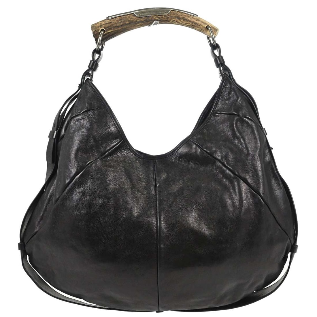 Saint Laurent Mombasa Large Black Leather Top Handle Bag: Saint Laurent Mombasa Large Black Leather Top Handle Bag Large Yves Saint Laurent Mombasa top handle handbag in black leather with logo accents and inner pockets. Made in Italy, this women's bag shows
