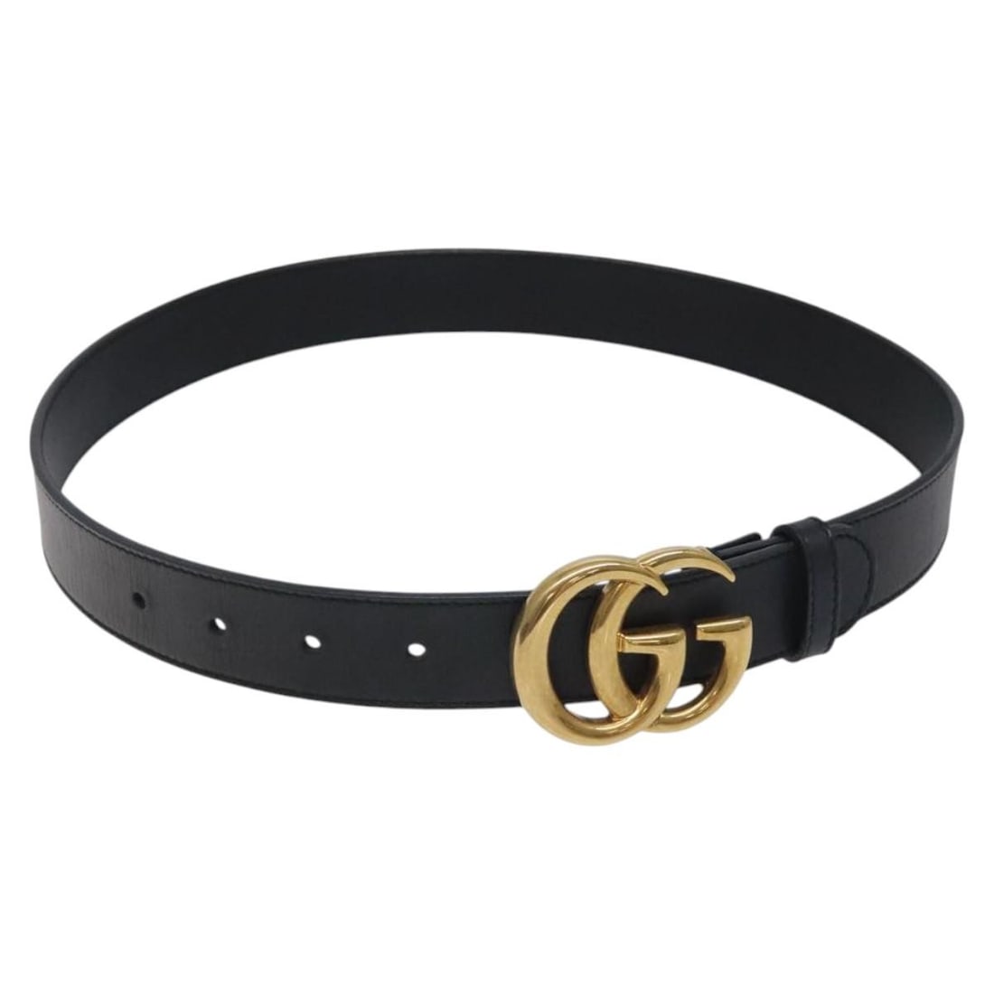 Gucci 414516 GG Marmont leather belt black with gold tone: Gucci 414516 GG Marmont leather belt black with gold tone Black leather GG Marmont belt for women with gold-tone hardware. Made in Italy, this belt includes the dust bag and item box. Condition is rat