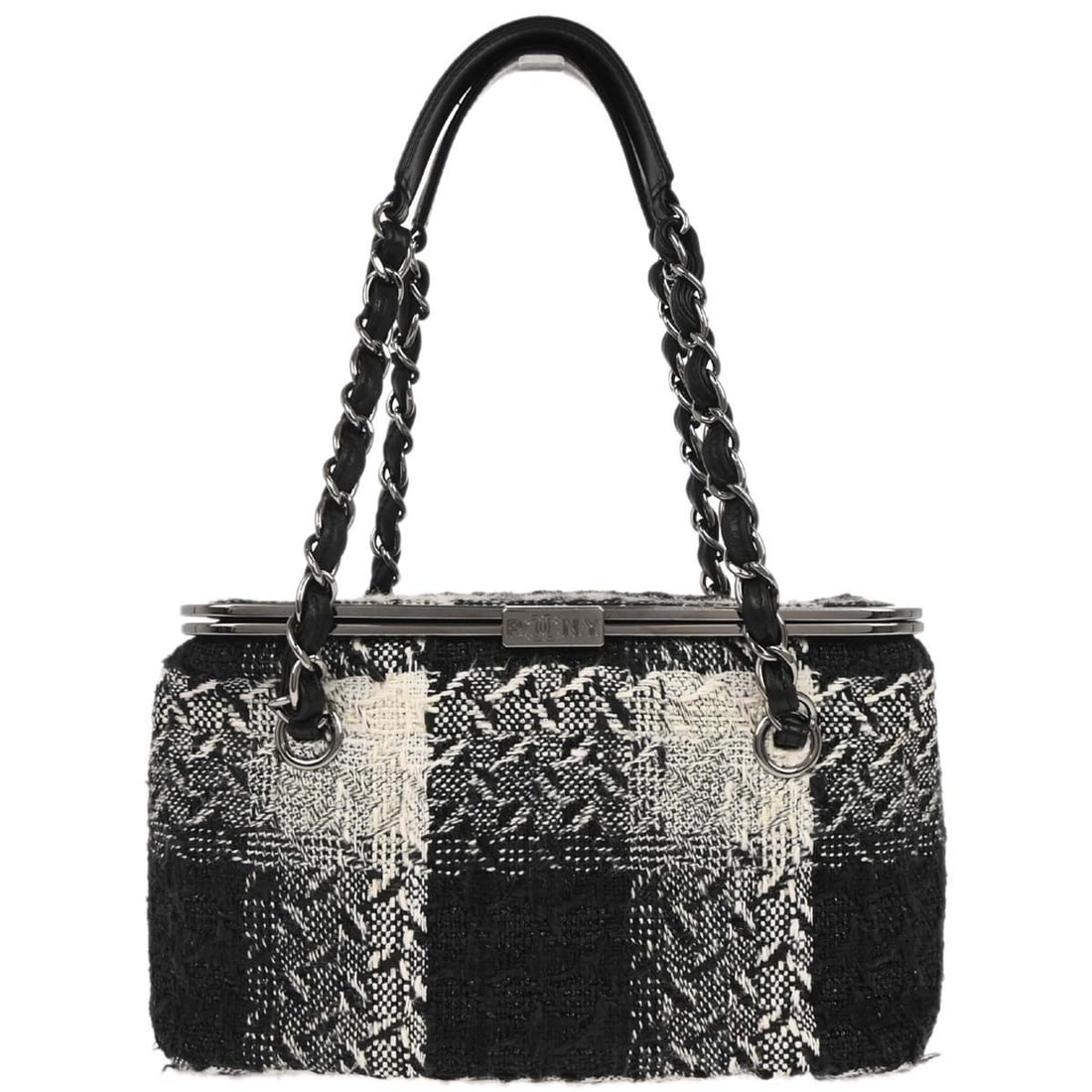 CHANEL Vanity Box Handbag Black Tweed Leather Double Handle: CHANEL Vanity Box Handbag Black Tweed Leather Double Handle Medium Chanel vanity handbag in black tweed and leather with double handles, logo accents, and three interior pockets. Made in Italy, this b