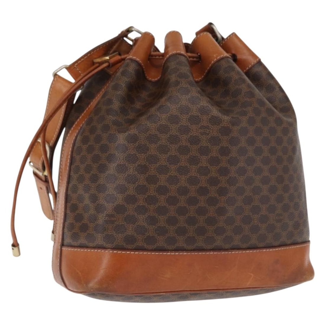 CELINE Macadam Shoulder Bag Brown PVC Leather Gold Tone: CELINE Macadam Shoulder Bag Brown PVC Leather Gold Tone Celine Macadam canvas shoulder bag in brown with gold-tone accents, crafted with PVC leather trim and made in Italy. This women's shoulder bag i