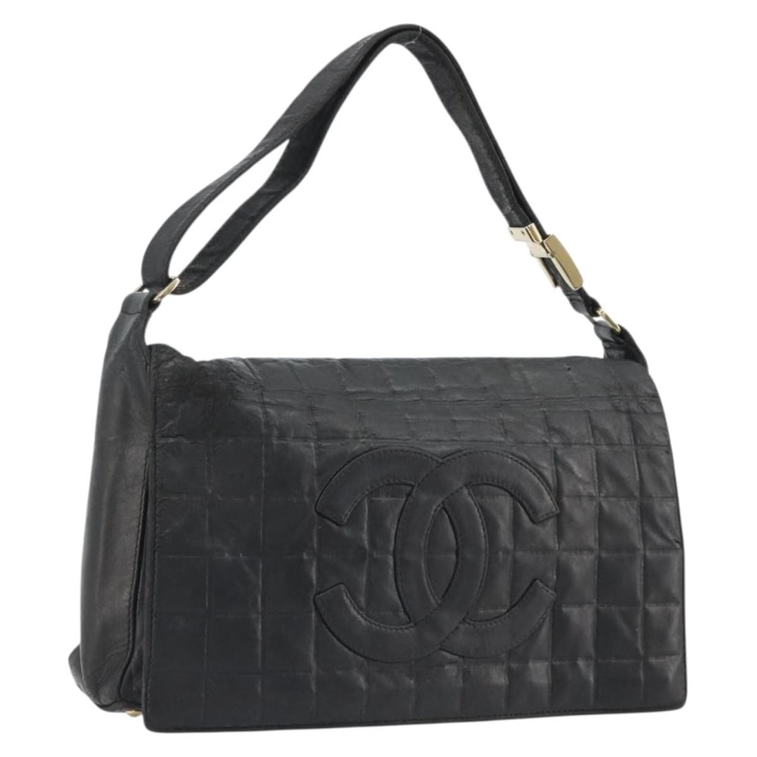 CHANEL Choco Bar Leather Shoulder Bag Black with Silver CC: CHANEL Choco Bar Leather Shoulder Bag Black with Silver CC Chanel Choco Bar Line shoulder bag in black leather with silver-tone CC detailing. Made in Italy, this women's shoulder bag is offered as the