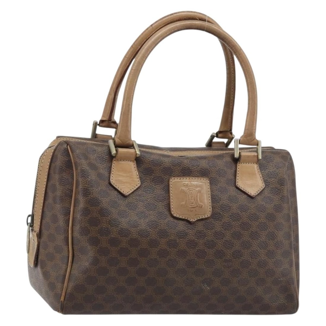 CELINE Macadam Canvas Brown Gold Handbag Italy 25cm: CELINE Macadam Canvas Brown Gold Handbag Italy 25cm This CELINE Macadam canvas hand bag features PVC leather construction in brown and gold tones. The bag is designed for women and was made in Italy. 