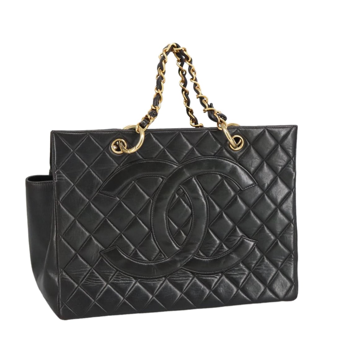 CHANEL CC Chain Hand Bag Black Lamb Skin France: CHANEL CC Chain Hand Bag Black Lamb Skin France Chanel Matelasse chain hand bag in black lamb skin with gold-tone CC detailing. Made in France, this women's handbag is offered with the item only; the 