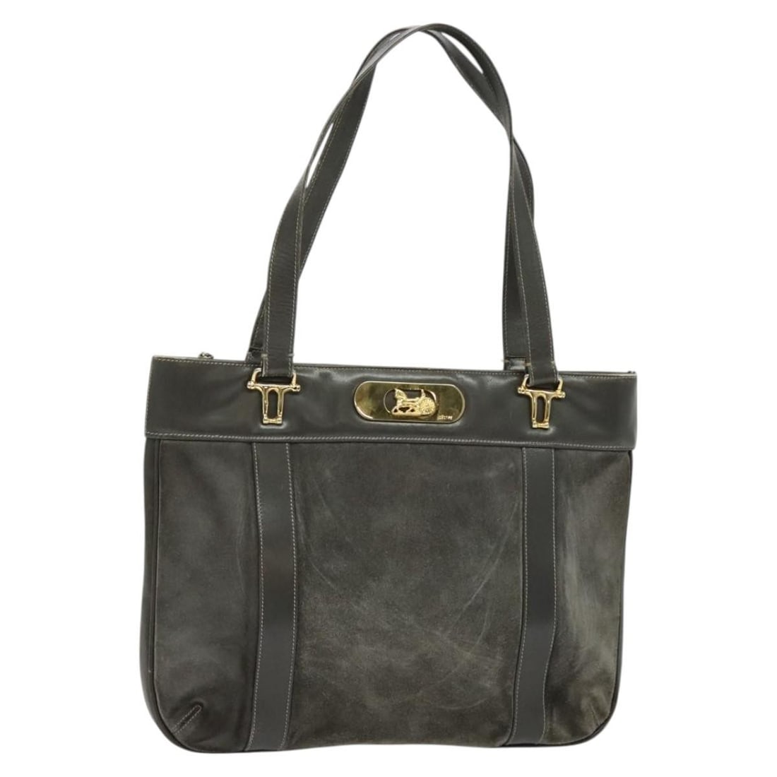 CELINE gray leather handbag with dust bag: CELINE gray leather handbag with dust bag This CELINE handbag is crafted from leather in a gray and gold color scheme. Designed for women, it features a handle drop of approximately 9.1 inches (23 cm)
