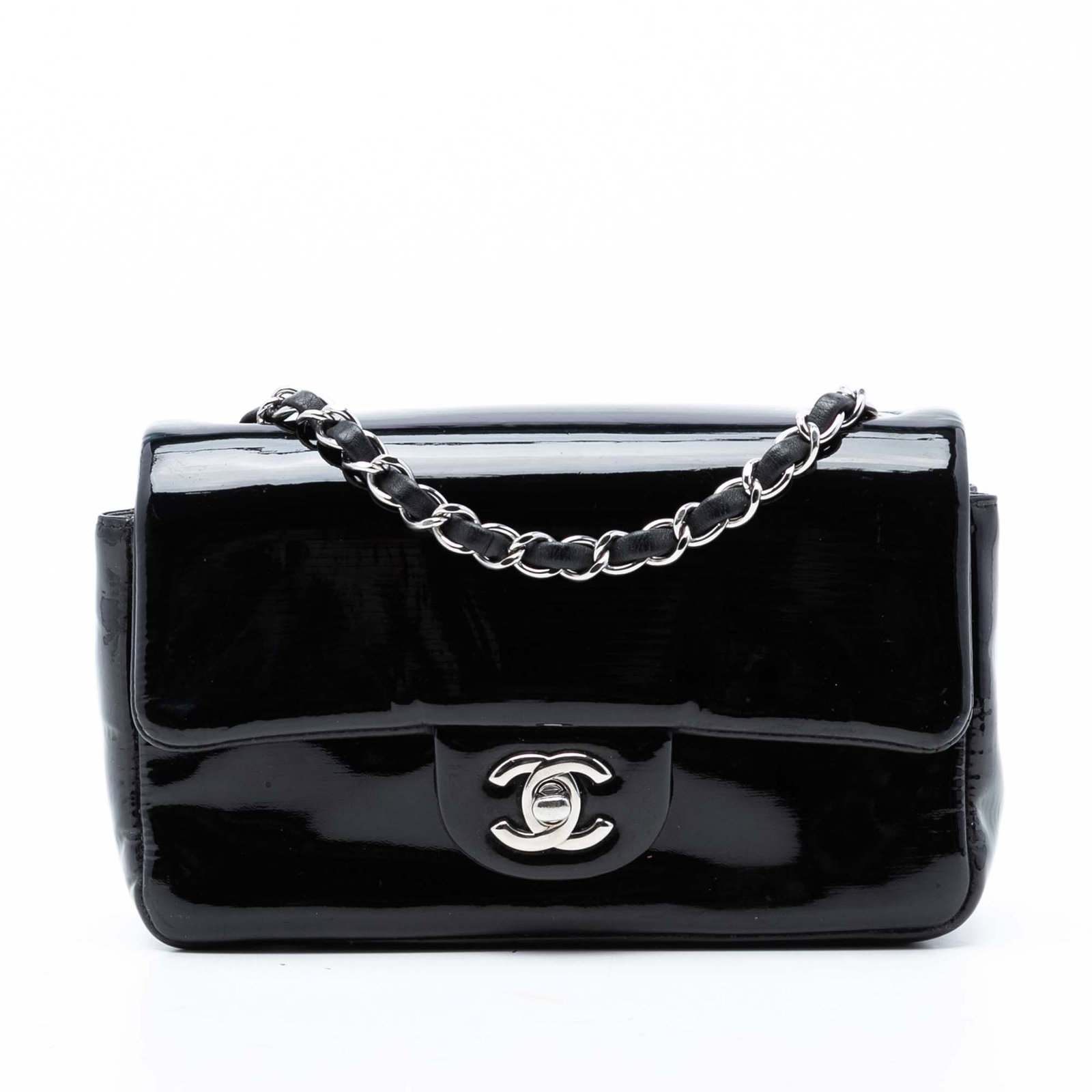 Chanel black patent leather mini flap bag with chain strap: Chanel black patent leather mini flap bag with chain strap This Chanel Mini Rectangular Classic Pure Patent Single Flap bag is crafted from black patent leather and features a leather-woven chain shou