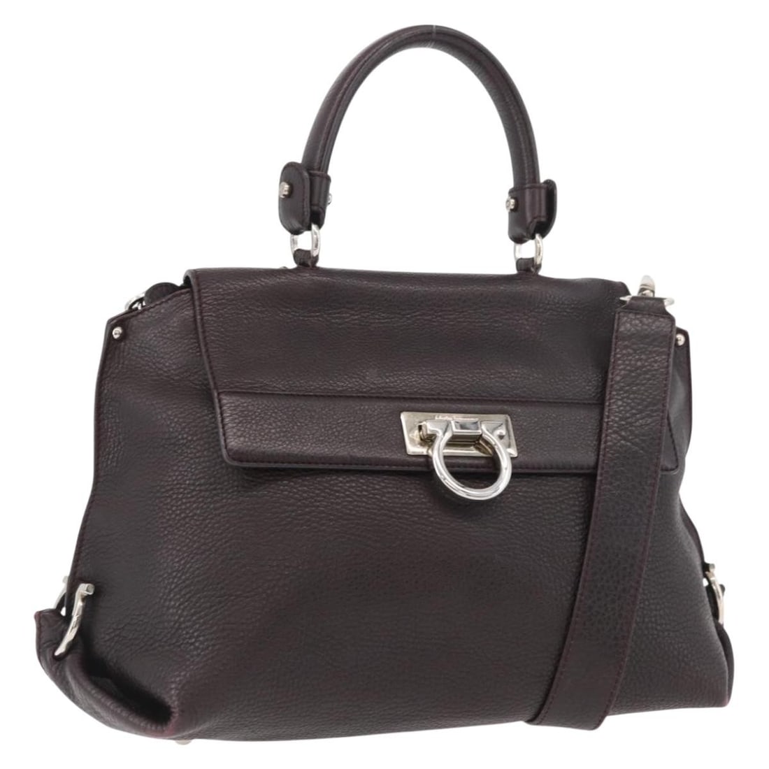 Salvatore Ferragamo Sofia Gancini 2way Leather Handbag Bordeaux: Salvatore Ferragamo Sofia Gancini 2way Leather Handbag Bordeaux Salvatore Ferragamo Gancini Sofia 2-way handbag in bordeaux leather with silver-tone accents. Made in Italy, this women's bag includes a