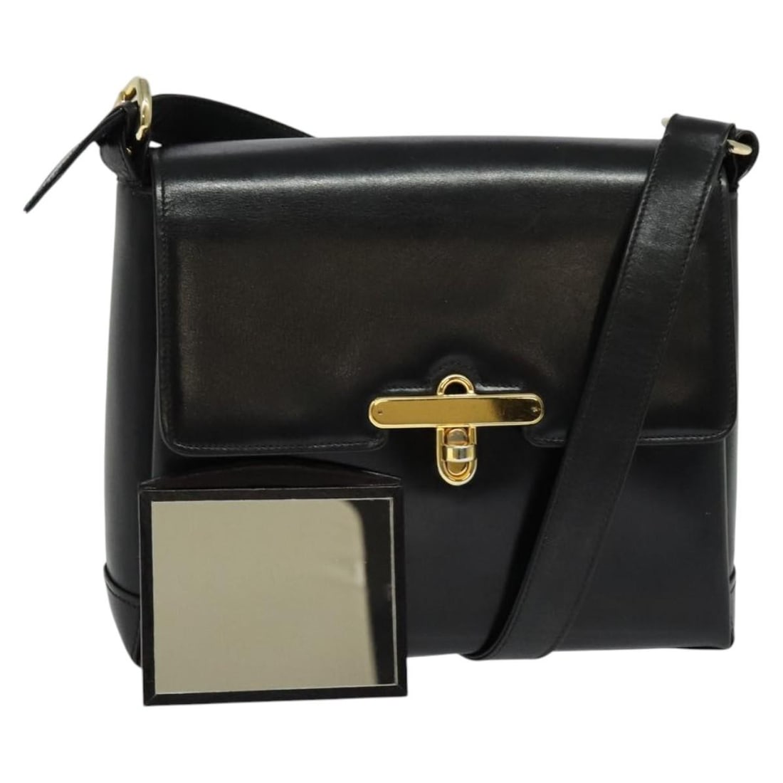 Gucci Black Gold Leather 2way Shoulder Bag with Strap and Mirror: Gucci Black Gold Leather 2way Shoulder Bag with Strap and Mirror This GUCCI shoulder bag features a 2-way design crafted from black and gold leather. Made in Italy, it offers both a shoulder strap and