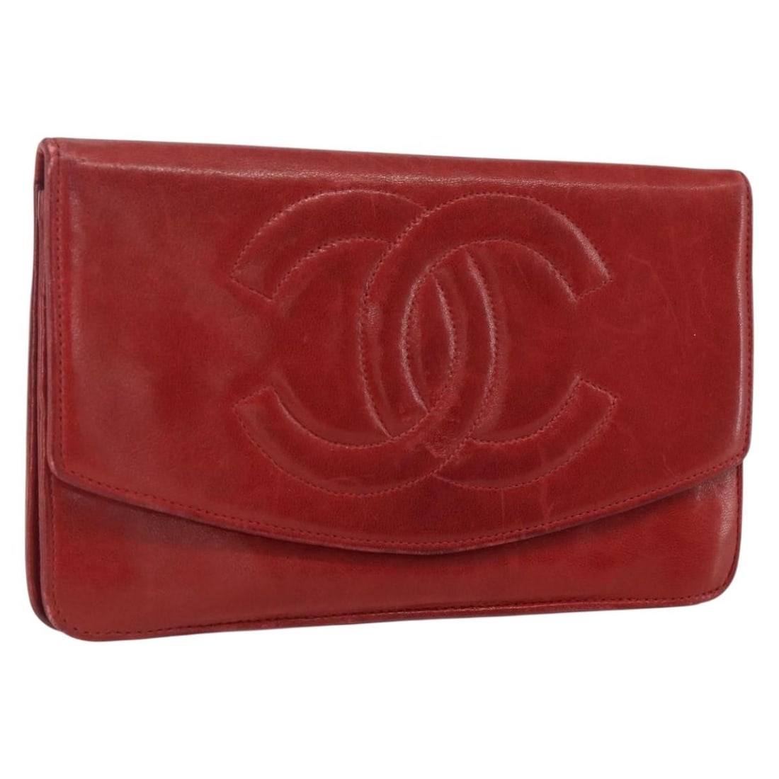 CHANEL Caviar Skin Long Wallet Red with Gold CC: CHANEL Caviar Skin Long Wallet Red with Gold CC Chanel long wallet in red grained calf skin with a gold-tone CC detail. Made in France, this women's wallet shows heavy signs of use consistent with its