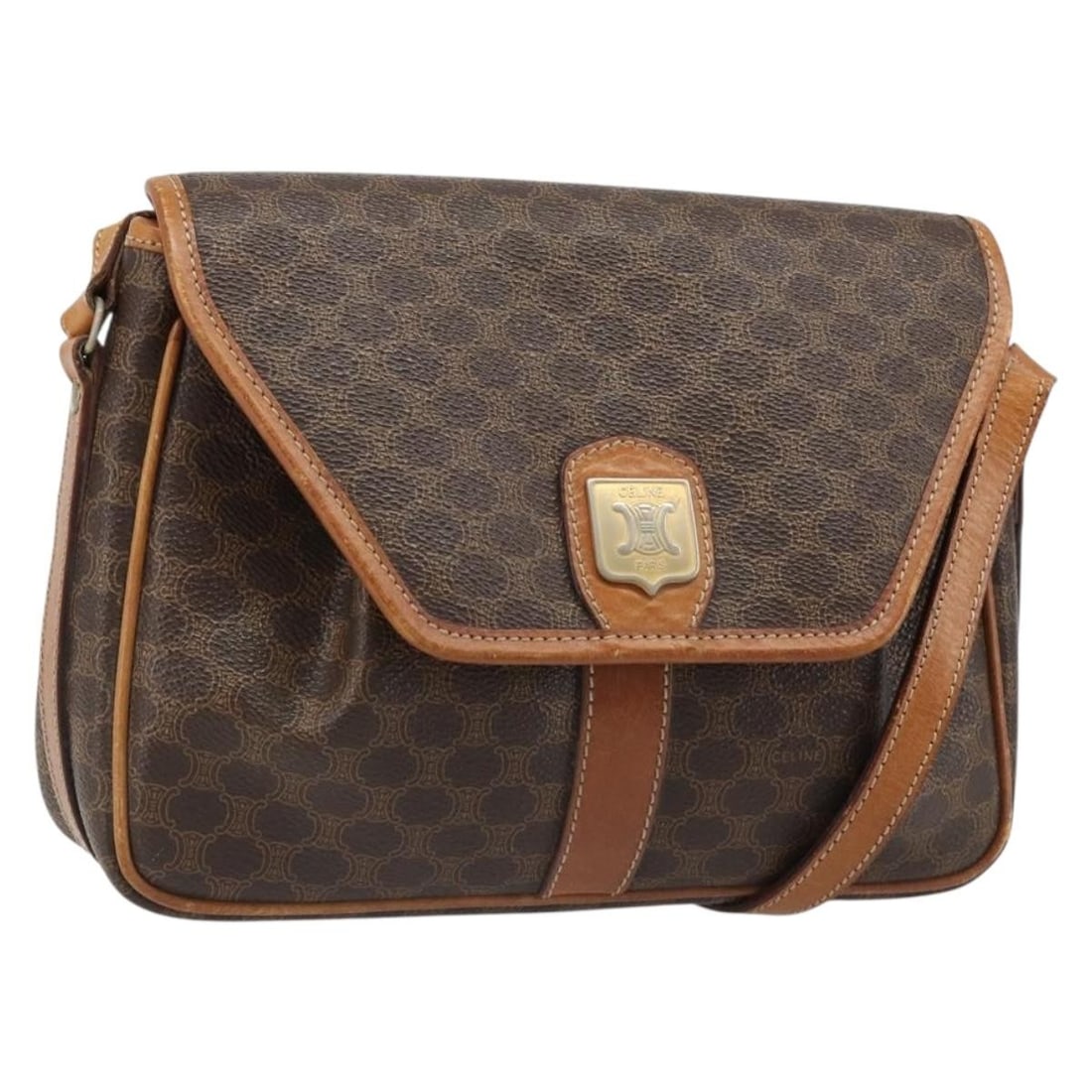 CELINE Macadam Canvas PVC Leather Shoulder Bag Brown Gold: CELINE Macadam Canvas PVC Leather Shoulder Bag Brown Gold Celine Macadam canvas shoulder bag in brown with gold-tone accents, crafted with PVC leather trim and made in Italy. This women's shoulder bag