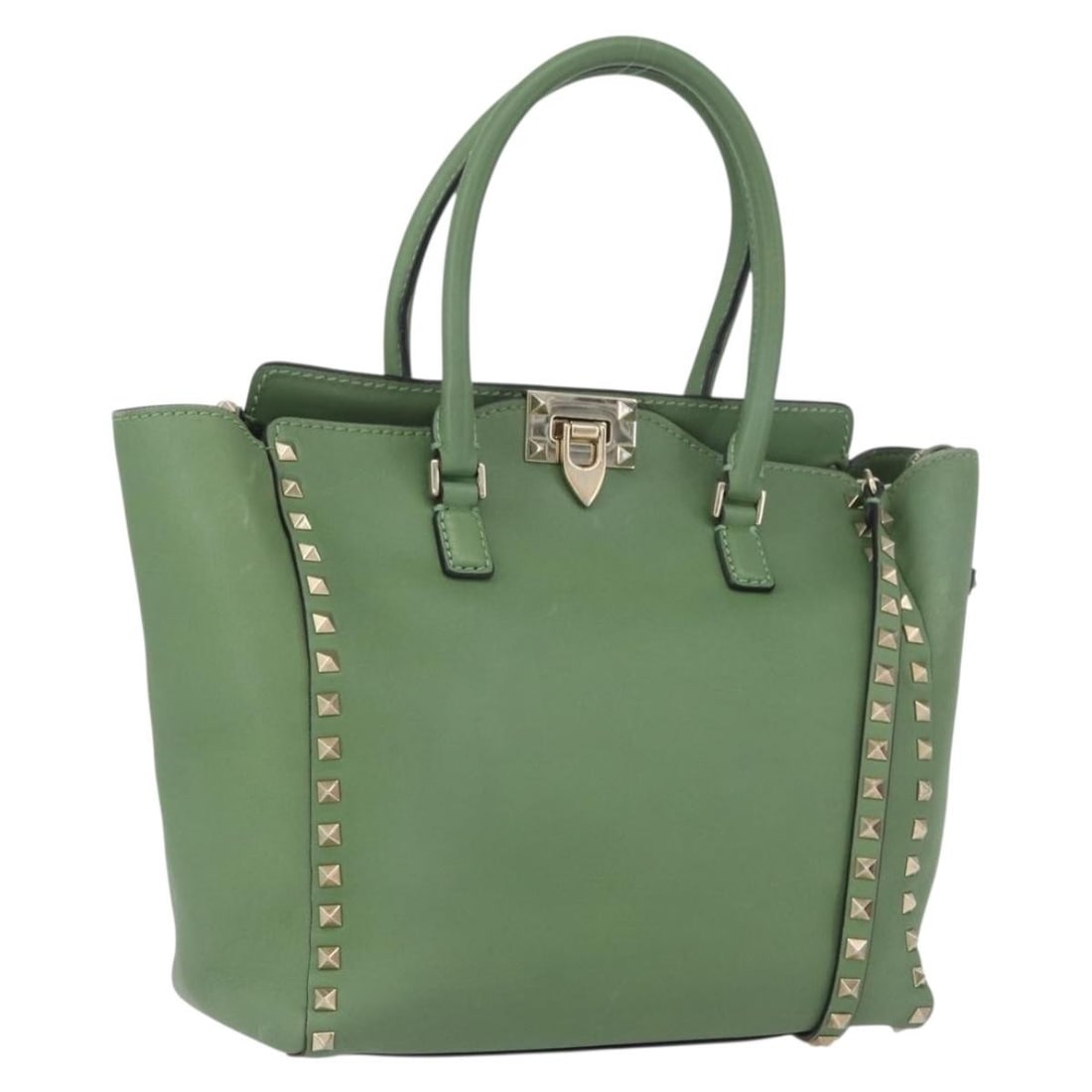 VALENTINO Rock Stud Leather 2way Handbag Green Gold Tone: VALENTINO Rock Stud Leather 2way Handbag Green Gold Tone Valentino Rock Studs 2-way handbag in green leather with gold-tone accents. Made in Italy, this women's bag includes a dust bag and shoulder st