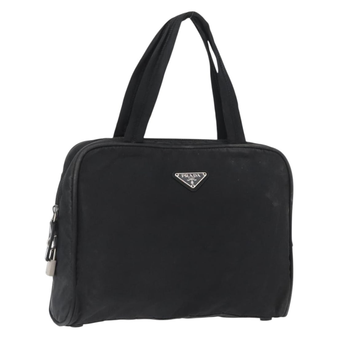 PRADA Nylon Hand Bag Black Silver Padlock BA10663: PRADA Nylon Hand Bag Black Silver Padlock BA10663 Prada women's nylon handbag in black with silver-tone accents, made in Italy. This handbag includes a padlock and shows heavy use, with loss of shape,