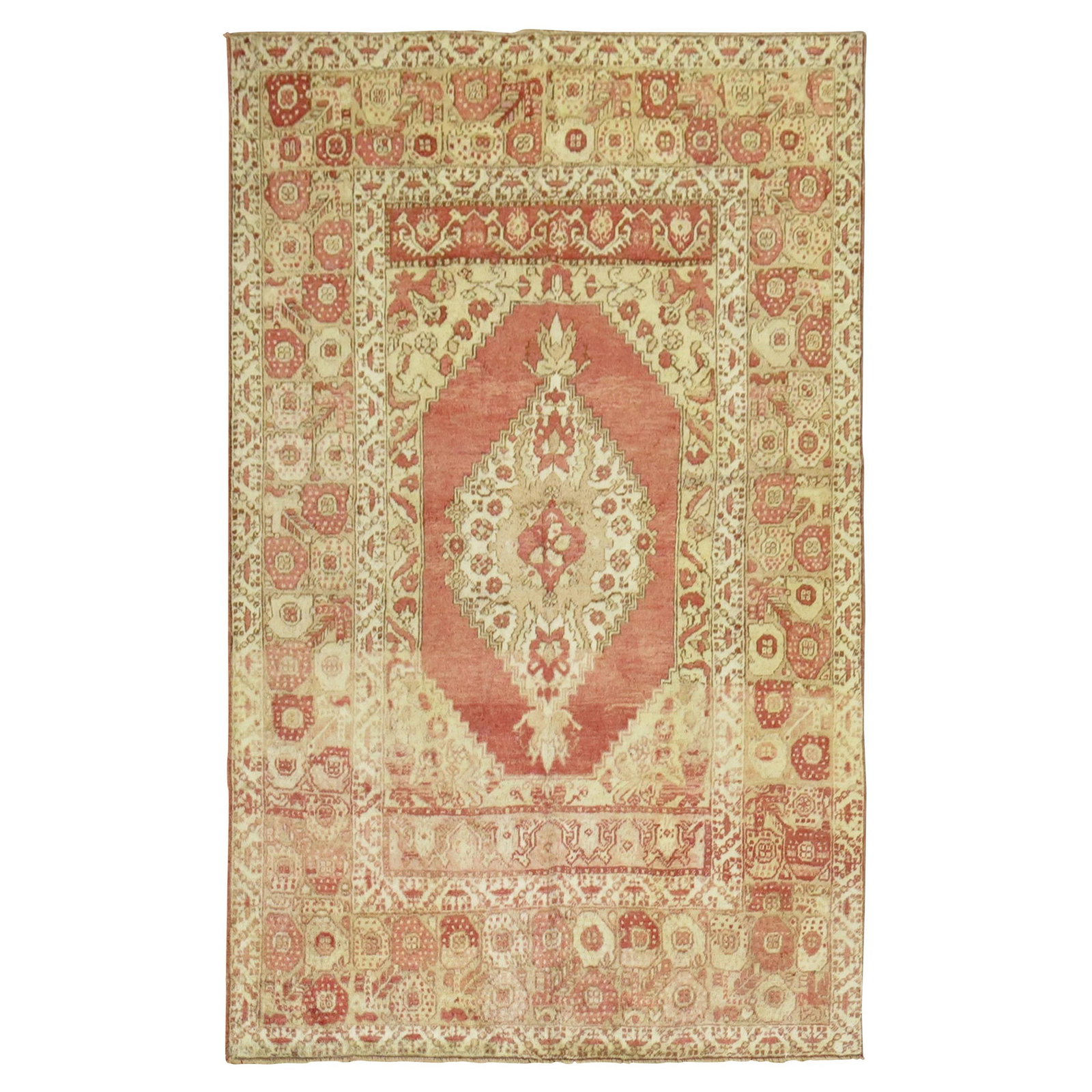 Antique Turkish Oushak Hand-Knotted Accent Rug 53 x 76: Antique Turkish Oushak Hand-Knotted Accent Rug 53 x 76 Discover the beauty of this antique Turkish Oushak accent rug, showcasing a traditional medallion border design. Crafted from high-quality wool a
