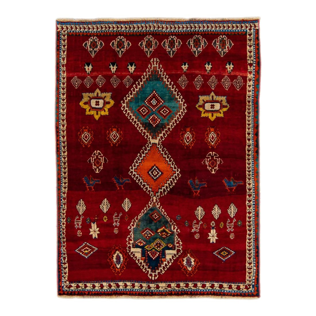Red Vintage Persian Shiraz Handmade Wool Rug 5'5 x 7'8: Red Vintage Persian Shiraz Handmade Wool Rug 5'5 x 7'8 This stunning Antique Persian Shiraz Handmade Wool rug features a vibrant all-over red field adorned with multi-color accents in a captivating ge
