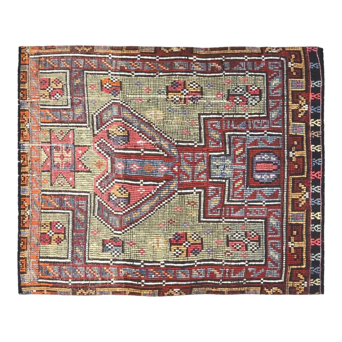 Turkish Wool Flatweave Kilim Rug 3'4x5'4 Green: Turkish Wool Flatweave Kilim Rug 3'4x5'4 Green This vintage Turkish kilim is flatwoven from wool using traditional hand-knotting techniques. It combines classic craftsmanship with a modern aesthetic, 