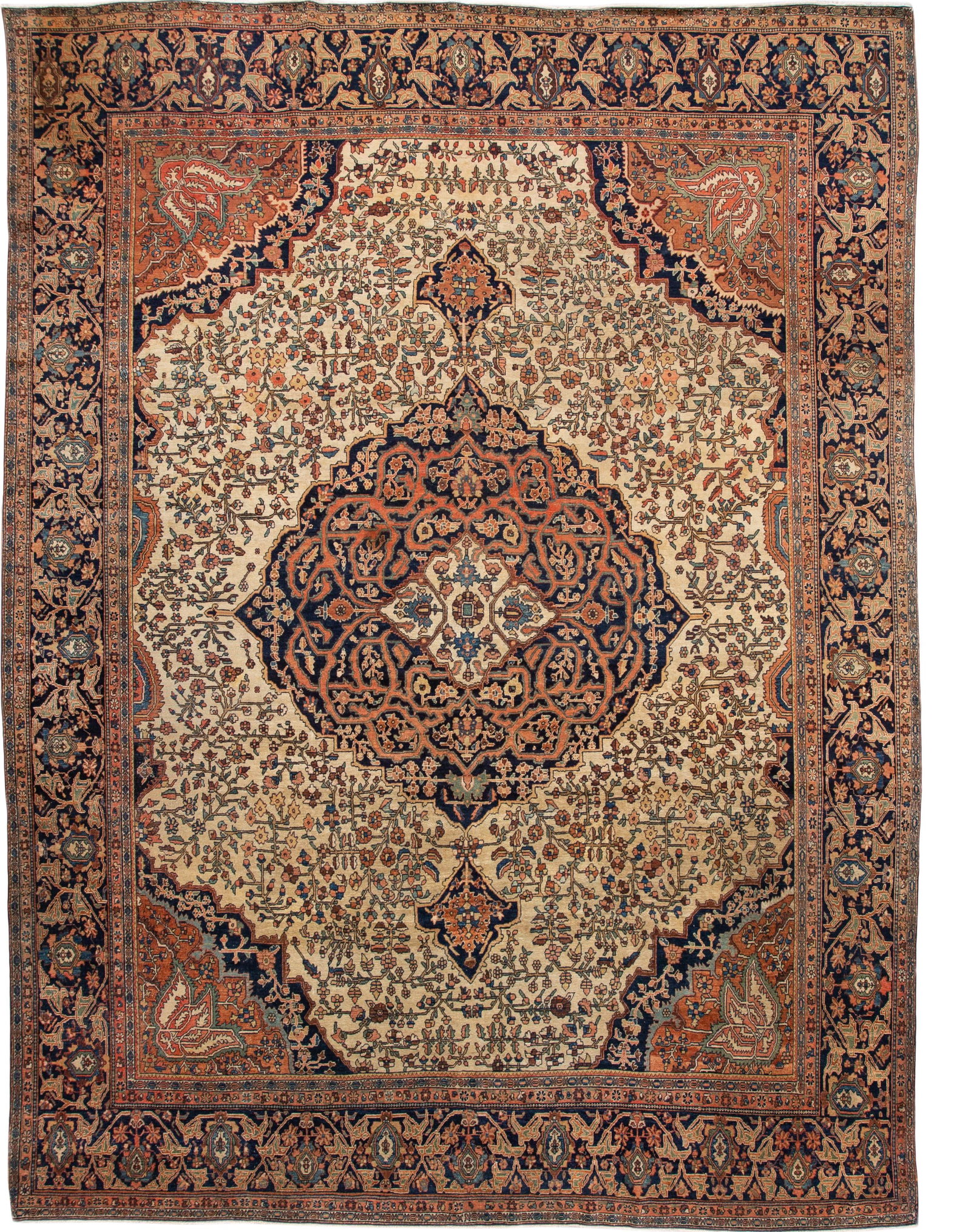 Antique Sarouk Farahan Handmade Wool Rug 8'6 x 11'05 Beige Navy Frame (1 of 10)