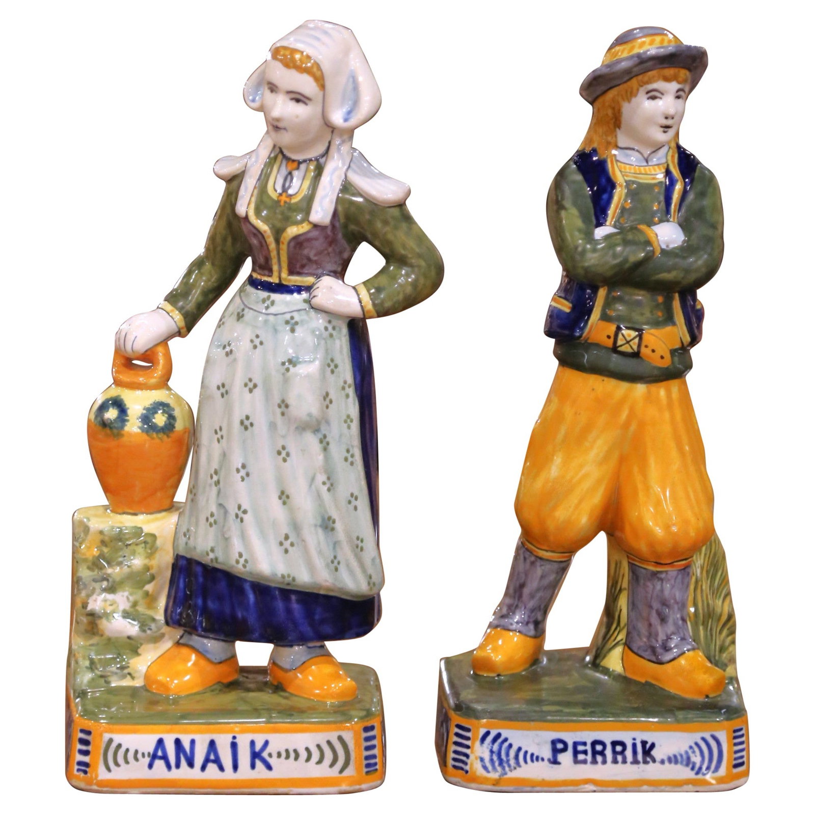 Antique Set of 2 19th Century Quimper Faience Figures Perrik Anaik: Antique Set of 2 19th Century Quimper Faience Figures Perrik Anaik Enhance your decor with this charming pair of 19th Century French Quimper faience figures, depicting the traditional Breton character