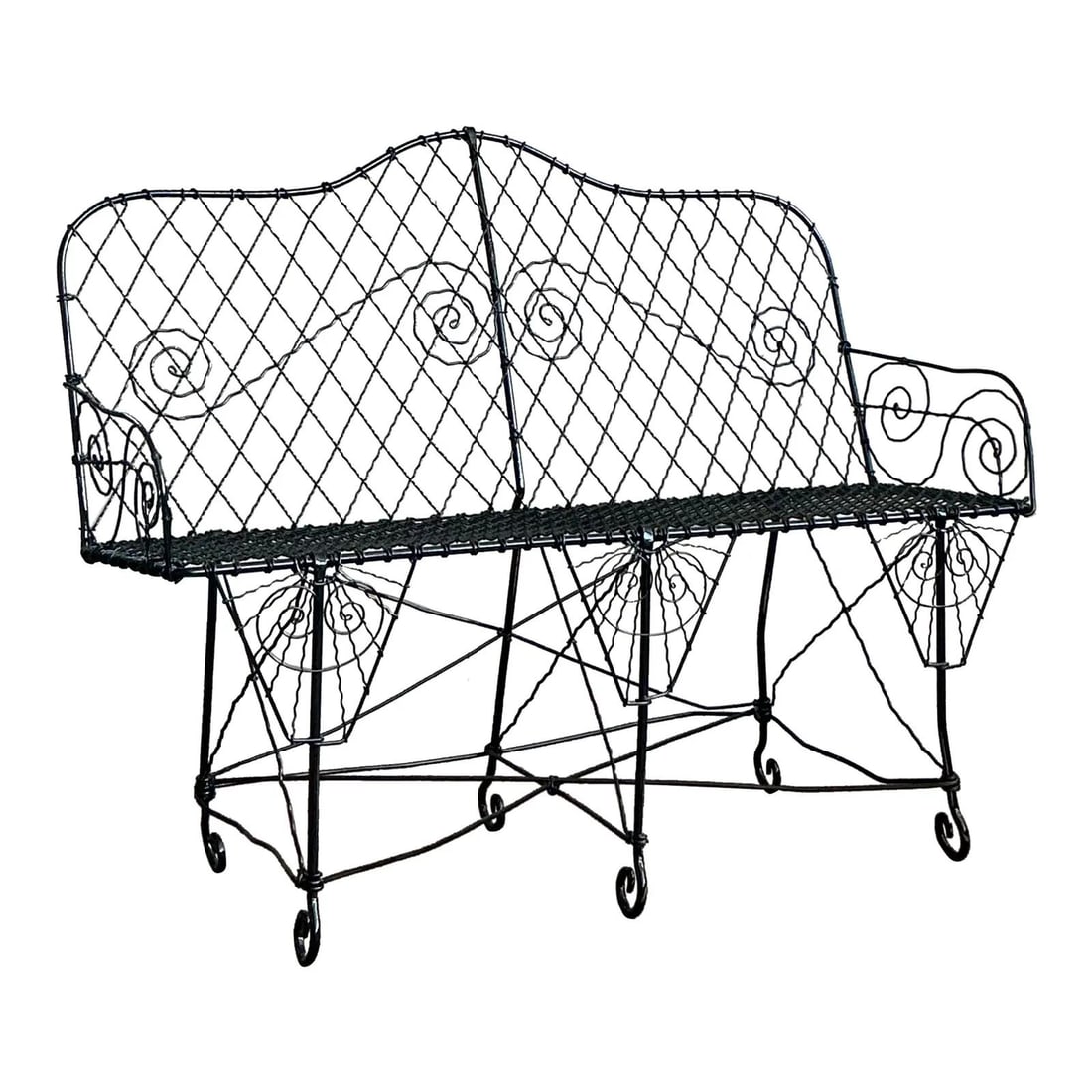 Vintage Wrought Iron Trellis Bench with Scrollwork Design: Vintage Wrought Iron Trellis Bench with Scrollwork Design Experience the charm of French garden aesthetics with this Late 20th Century Regency Trellis Wrought Iron Bench. Hand-crafted from durable wro