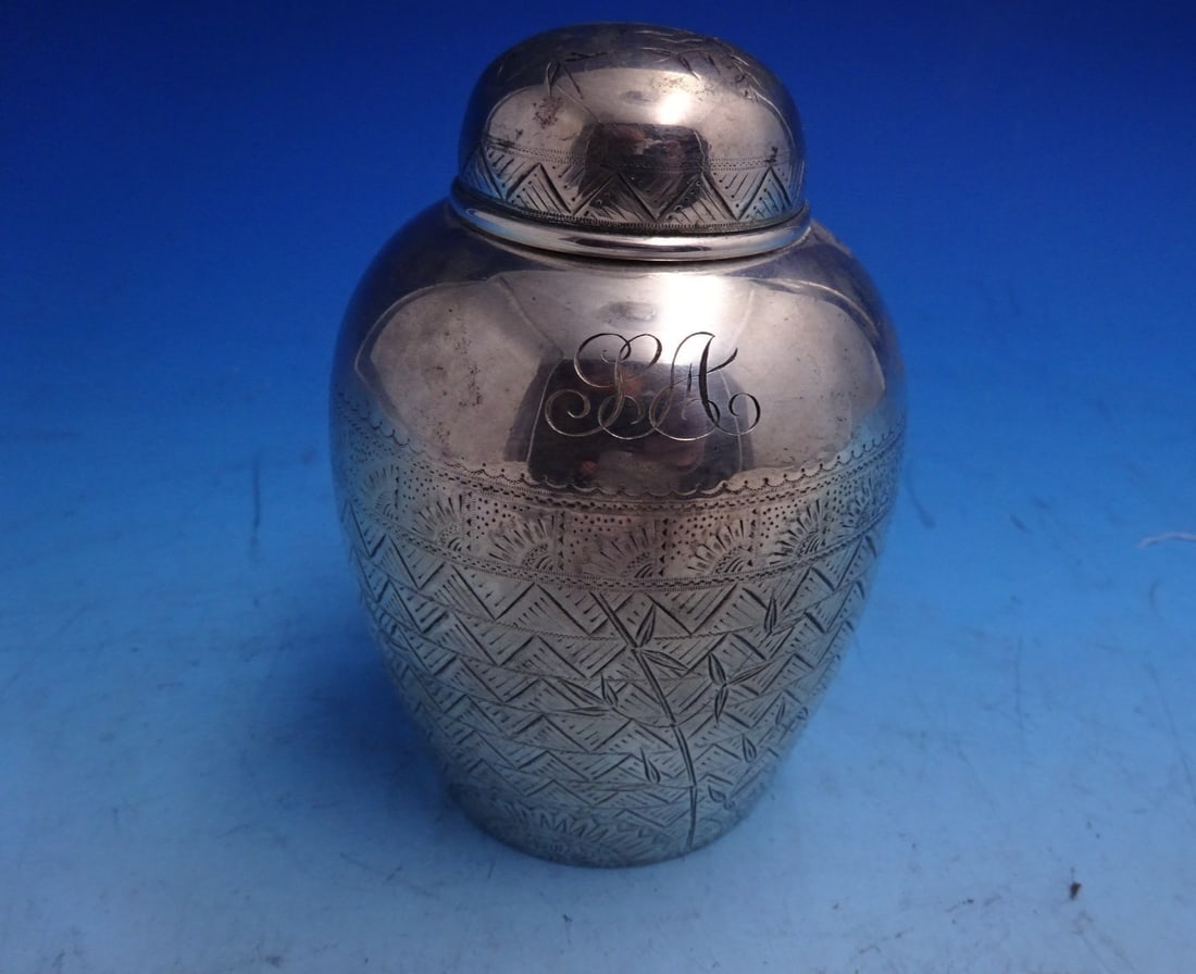 American Sterling Silver Bamboo Motif Tea Caddy Japanesque Design 4.5 Inch: American Sterling Silver Bamboo Motif Tea Caddy Japanesque Design 4.5 Inch This is a handmade American sterling silver tea caddy featuring a Japanese-style engraved design with bamboo motifs. Crafted 