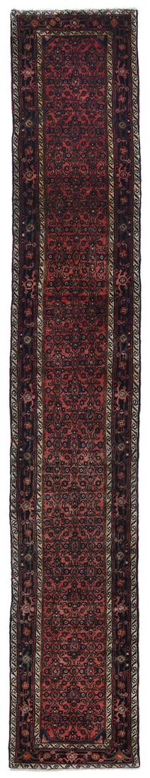 Hand Knotted Wool Floral Tribal Runner Rug 2'7 x 16'3: Hand Knotted Wool Floral Tribal Runner Rug 2'7 x 16'3 This vintage hand-knotted runner rug features a striking floral and tribal pattern in shades of coral red, plum, cream, gray, dark navy, and orang