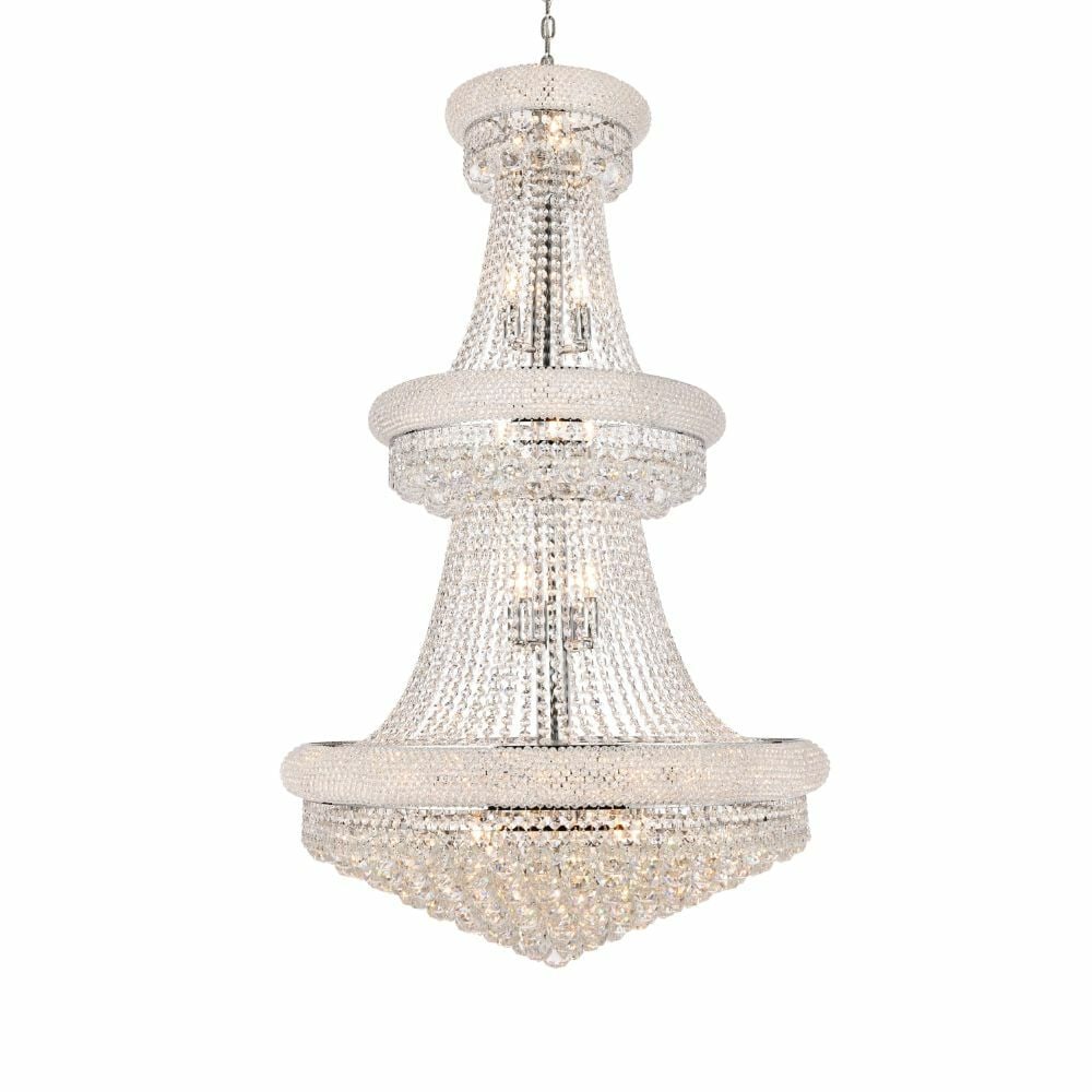 Artistry Lighting Primo 32-Light Chrome Crystal Chandelier 50 inch: Artistry Lighting Primo 32-Light Chrome Crystal Chandelier 50 inch This large chandelier features 32 lights and a sophisticated empire design, making it ideal for foyers, dining rooms, or other spacio
