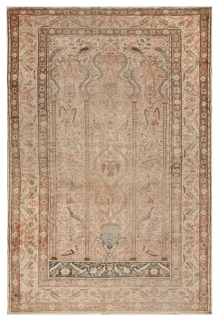 Antique Hereke Silk Area Rug Birds Vase Pink 4 x 6 ft (1 of 8)