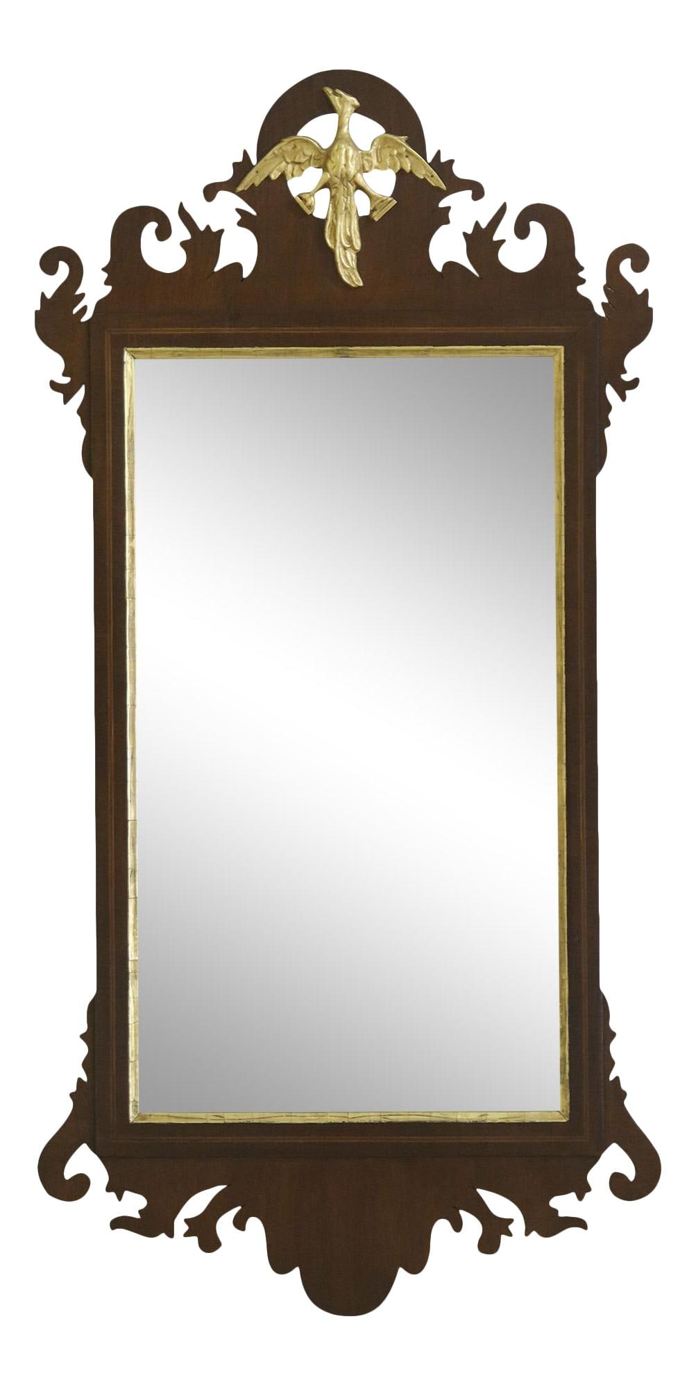 1930s Friedman Brothers Chippendale Mahogany Mirror with Phoenix Carving: 1930s Friedman Brothers Chippendale Mahogany Mirror with Phoenix Carving This exquisite Chippendale-style mirror from the 1930s boasts high-quality mahogany construction with elegant inlay work and a 