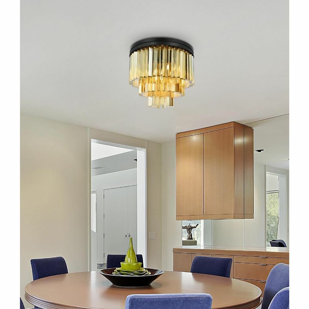 Sydney 9-Light Matte Black Flush Mount Chandelier 20 x 16: Sydney 9-Light Matte Black Flush Mount Chandelier 20 x 16 This contemporary flush mount chandelier features a matte black frame adorned with golden teak royal cut crystals, offering a sophisticated an