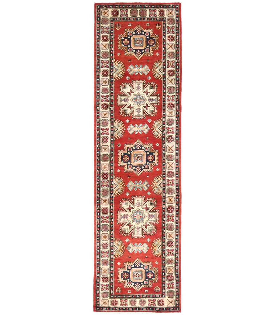 Hand Knotted Wool Kazak Tribal Runner Rug 2'8 x 9'8: Hand Knotted Wool Kazak Tribal Runner Rug 2'8 x 9'8 Enhance your living space with this stunning Kazak Runner Rug, featuring a captivating tribal geometric design that perfectly complements farmhouse