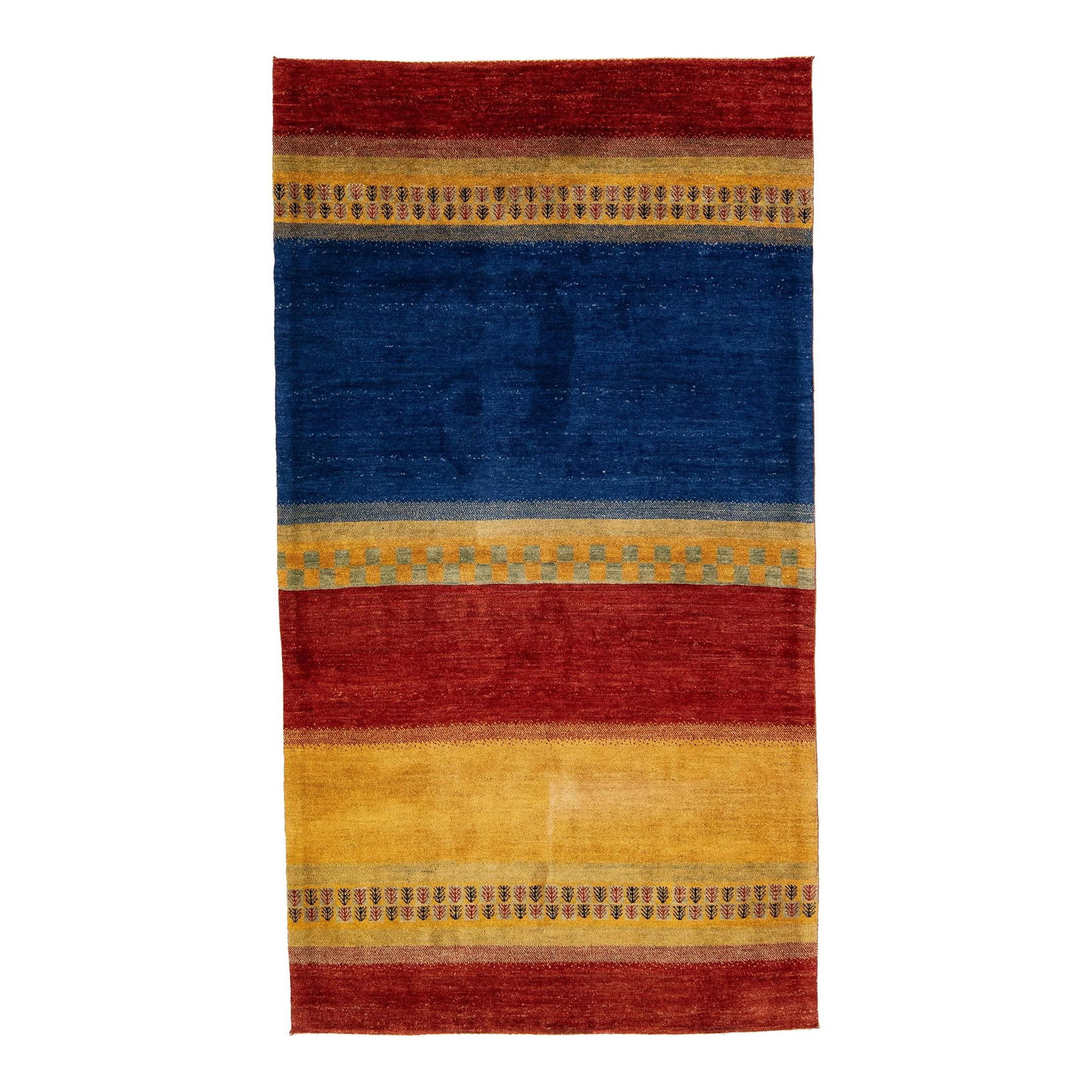 Handmade Persian Gabbeh Wool Rug Geometric Multicolor Design 4' x 6'8: Handmade Persian Gabbeh Wool Rug Geometric Multicolor Design 4' x 6'8 Elevate your space with this stunning modern Gabbeh-style hand-woven wool rug. Featuring a vibrant color field of red, blue, and